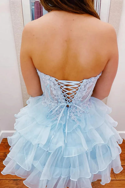 Strapless Layered Pink/Blue Lace Short Prom Dresses, Lace Short Pink/Blue Homecoming Dresses