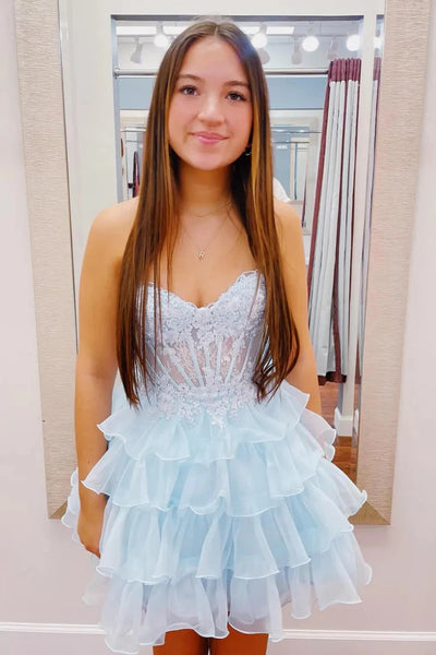 Strapless Layered Pink/Blue Lace Short Prom Dresses, Lace Short Pink/Blue Homecoming Dresses