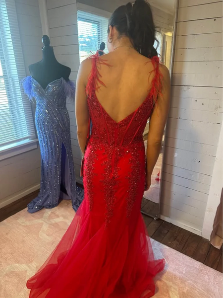 V Neck Backless Mermaid Red Lace Long Prom Dresses with High Slit, Mermaid Lace Red Formal Evening Dresses