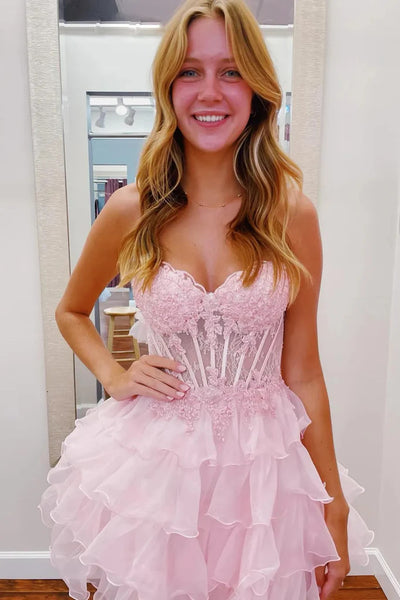 Strapless Layered Pink/Blue Lace Short Prom Dresses, Lace Short Pink/Blue Homecoming Dresses