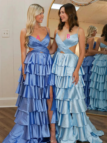 A Line V Neck Tiered Satin Long Prom Dresses with Slit, Blue V Neck Satin Long Formal Evening Dresses