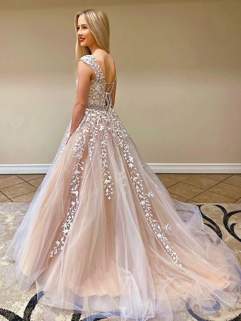 Round Neck Champagne Lace Cap Sleeves Backless Long Prom Dresses, Lace –  morievent