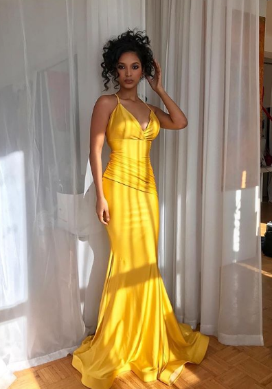 Mermaid V Neck Yellow Satin Long Prom Dresses, Mermaid V Neck Yellow Satin Long Formal Evening Dresses