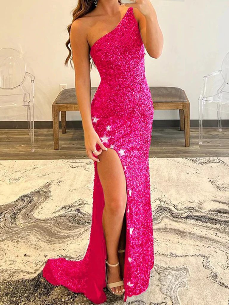 One Shoulder Open Back Mermaid Hot Pink Sequins Long Prom Dresses with –  Shiny Party