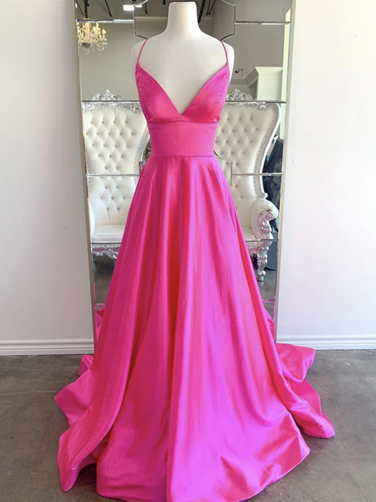 A Line V Neck Backless Hot Pink Long Prom Dresses, V Neck Hot Pink Lon ...