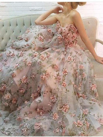 V Neck Pink Lace Floral Long Prom Dresses, Pink Lace Flower Long Formal  Graduation Dresses
