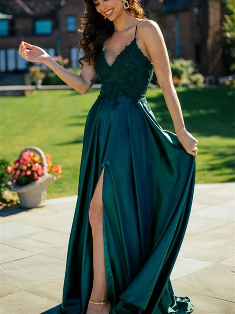 A Line V Neck Dark Green Lace Top Long Prom Dresses with Slit