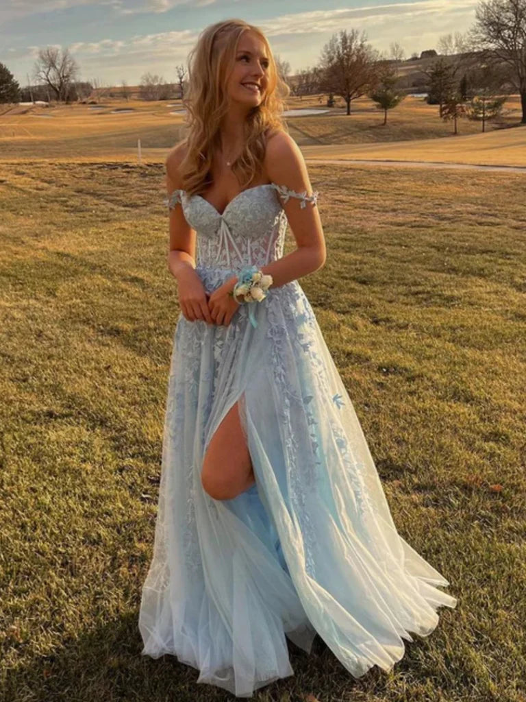 Off Shoulder Light Blue Lace Long Prom Dresses with High Slit, Light B –  morievent