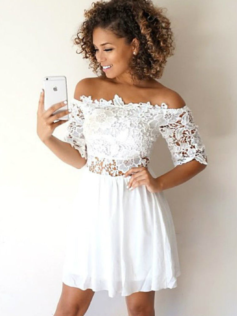 White Short Chiffon 1/2 Sleeves Lace  Homecoming Dresses, White Short Lace Prom Dresses