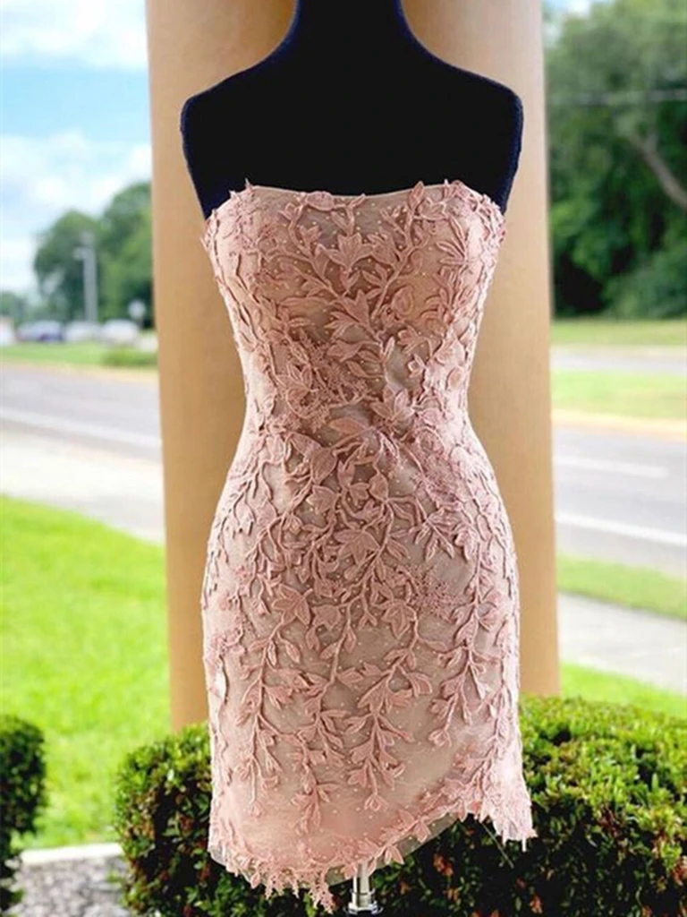 Strapless Pink Lace Short Prom Dresses, Short Pink Lace Formal Graduat –  morievent