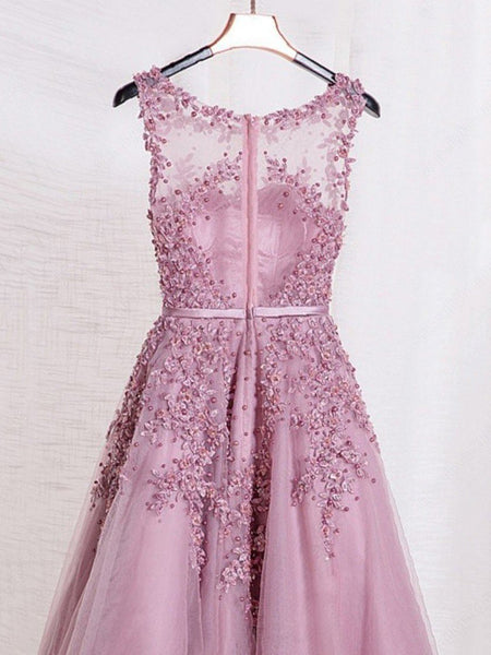 Pink round neck applique beaded tulle long prom dresses, Pink applique ...