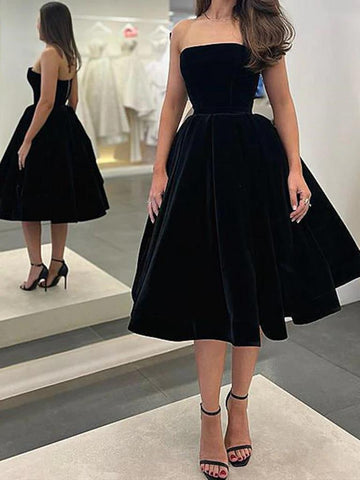 Tea Length Black Velvet Prom Dresses, Black Tea Length Graduation Homecoming Dresses