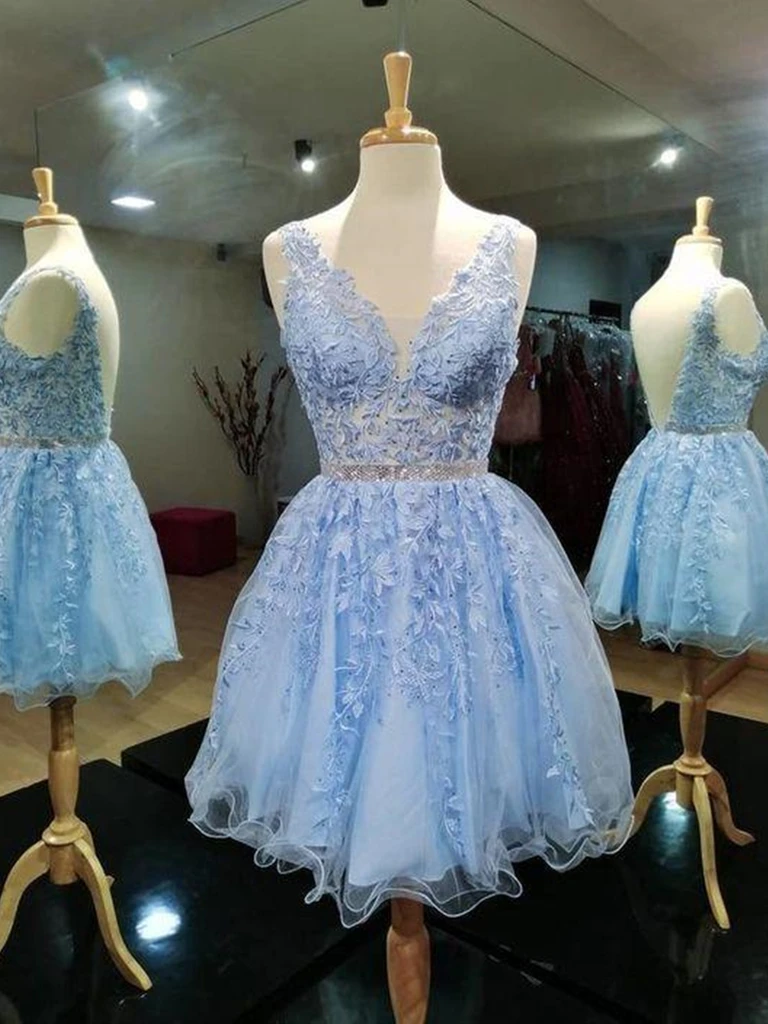 Short Light Blue Lace Prom Dresses, Light Blue Short Lace Formal