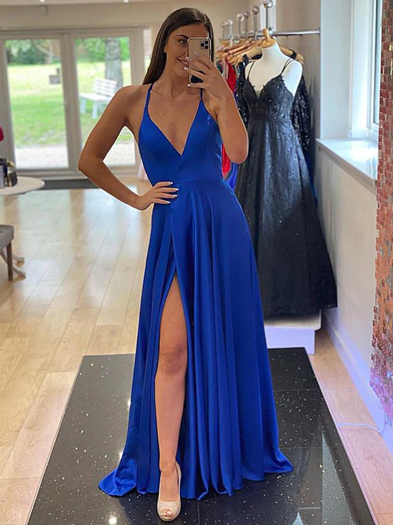 Blue V Neck Lace Long Prom Dress, Blue Evening Dress – shopluu
