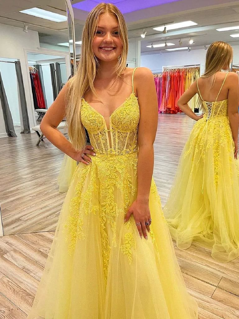 V Neck Two Pieces Yellow Lace Long Prom Dresses, 2 Pieces Yellow Forma –  Shiny Party
